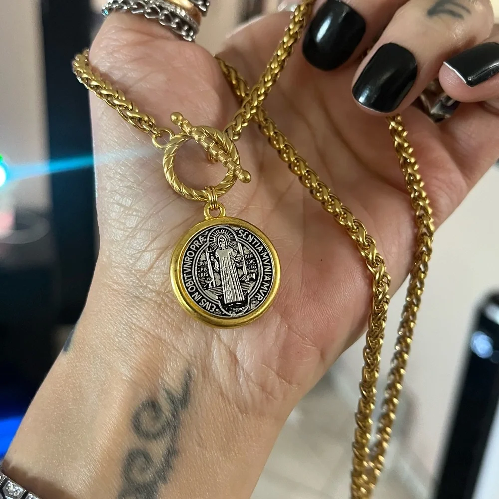 copy . Handmade stainless steel gold color necklace with st Benedict medal charm - Picture 9 of 15